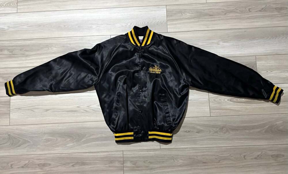 Vintage 80s 90s Glenfiddich Scotch Whisky Satin Bomber Jacket MVP Mens L Black